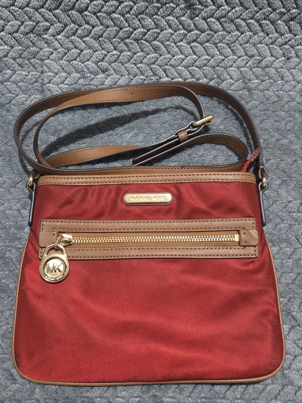 Michael Kors Red and Brown Nylon Crossbody with Gold Hardware